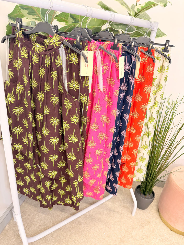 Ladies Palm Tree Print Fashion Trouser Co Ord Set - Navy, White, Pink, Brown & Orange