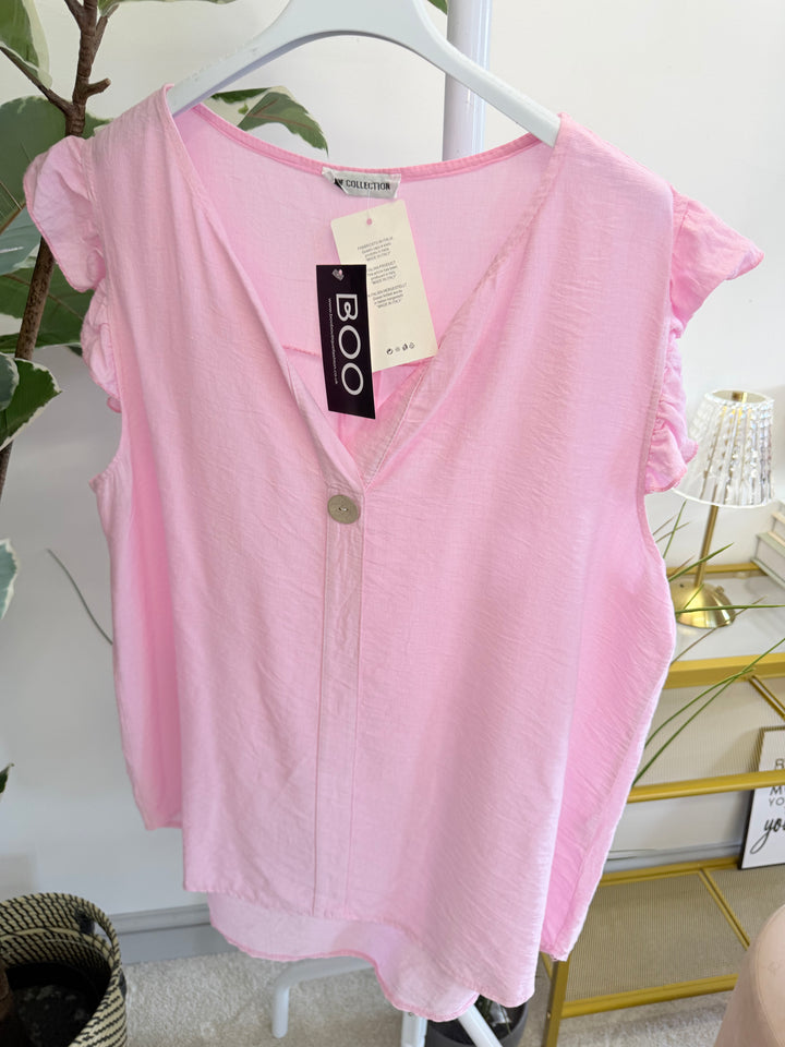 Ladies Frill Sleeve Grandad Top - Blue, Pink, Brown, White, Black & Mocha