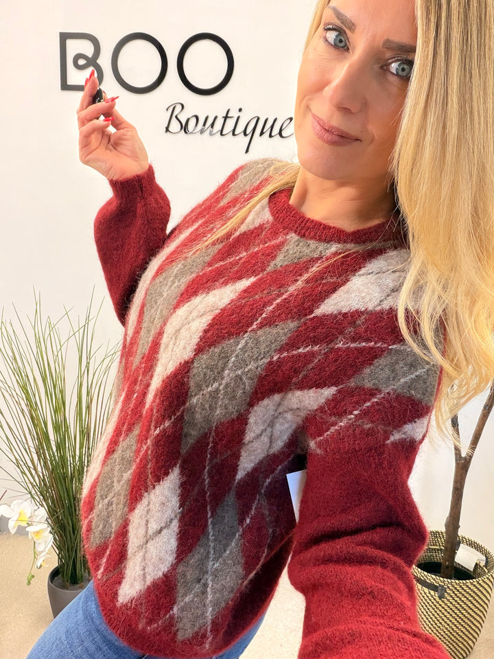 LADIES FASHION ARGYLE KNIT JUMPER - BERRY, CREAM, BROWN, 