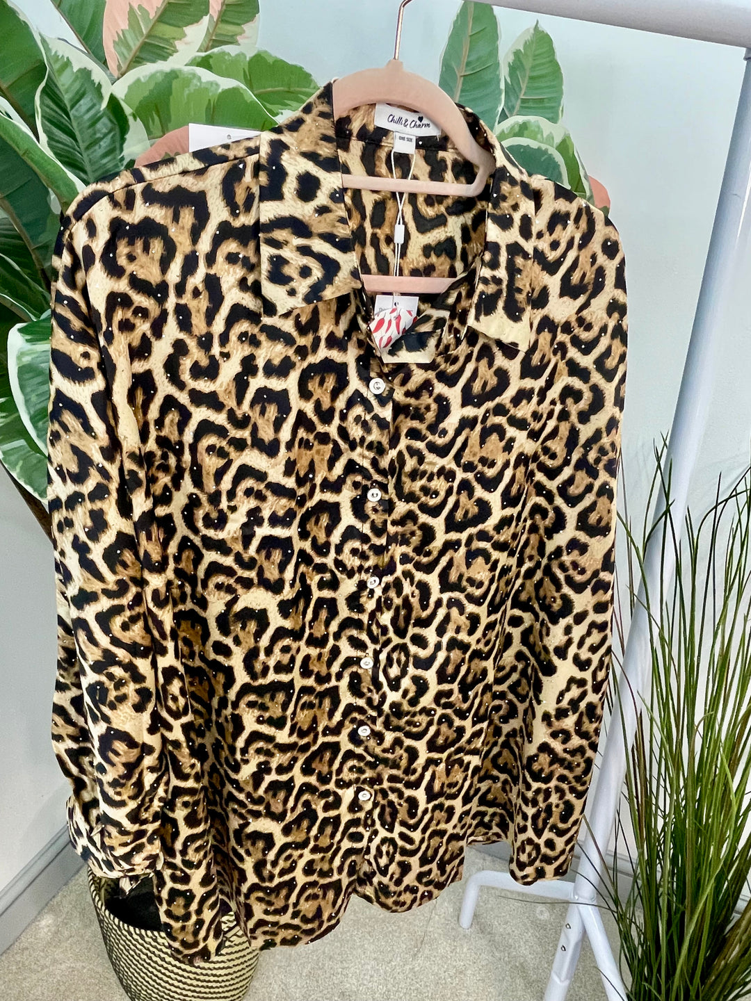 LADIES SPARKLY LEOPARD ANIMAL PRINT SHIRT BLOUSE