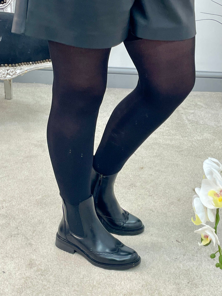 LADIES FASHION BLACK BROGUE ANKLE BOOTS 
