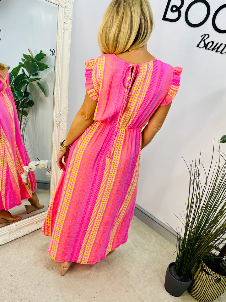 LADIES AZTEC PRINT SUMMER HOLIDAY MAXI DRESS - PINK, DENIM BLUE & KHAKI