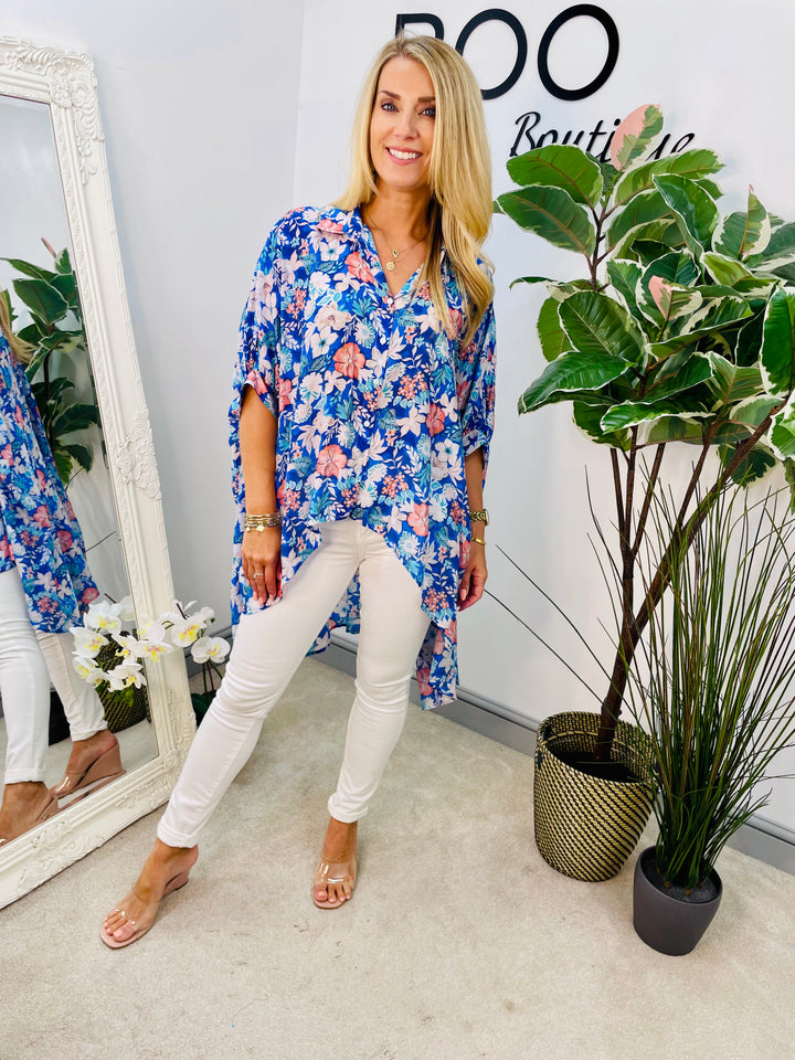 LADIES OVERSIZE BLUE & RED FLOWER PRINT FLOATY TOP
