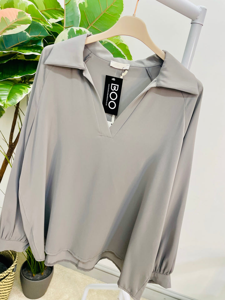 LADIES V NECK LUXURY BLOUSE - BROWN, GREY, WHITE & BLACK