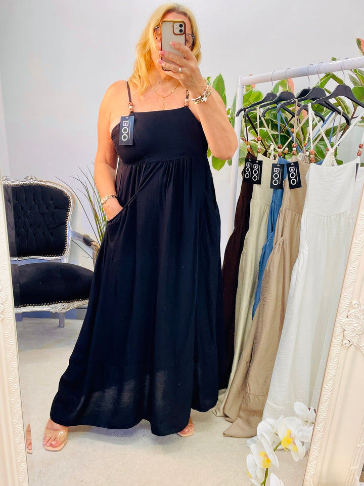 LADIES SUMMER HOLIDAY MAXI DRESS - DENIM BLUE, WHITE, BROWN, BEIGE & BLACK