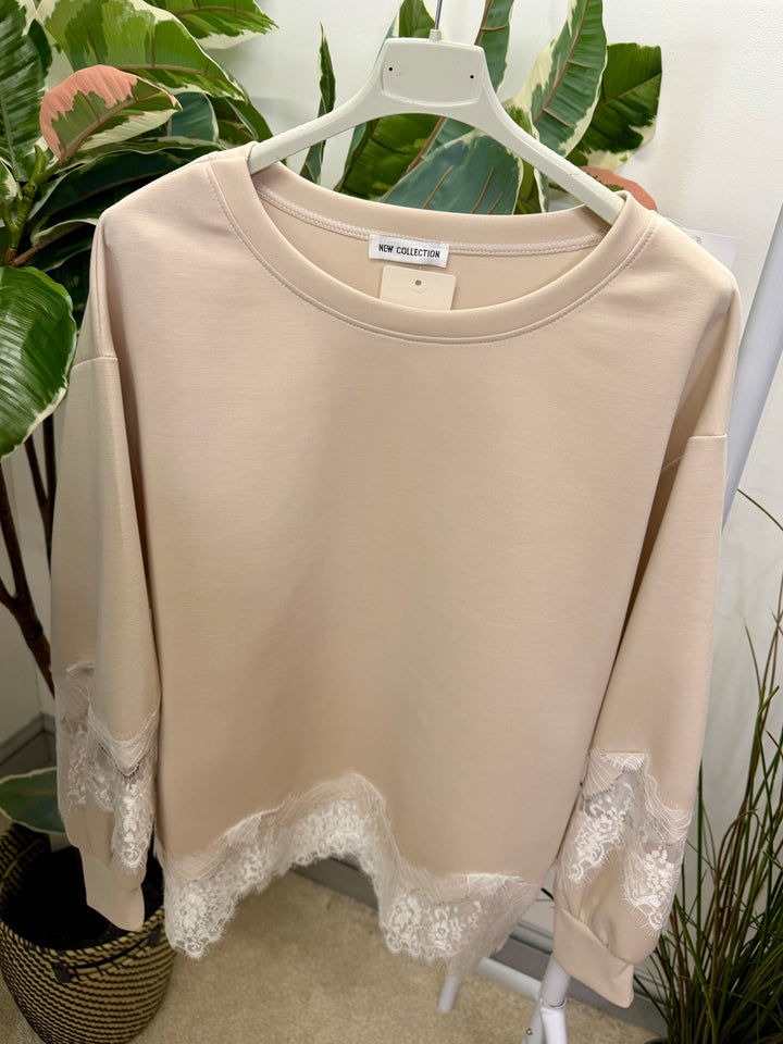 LADIES FASHION LACE EDGE TOP - BLACK, WHITE & BEIGE