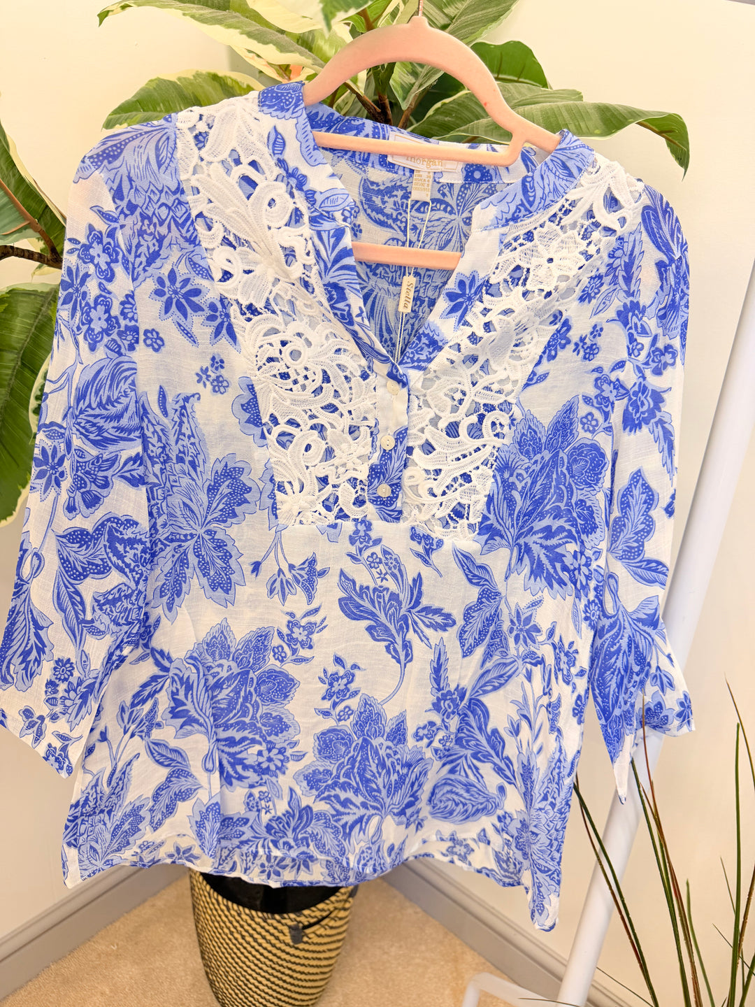 Ladies Fashion Blue & White Crochet Detail Summer Top