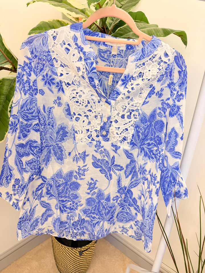 Ladies Fashion Blue & White Crochet Detail Summer Top
