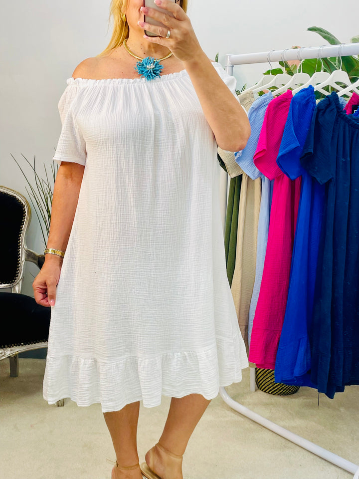 LADIES CHEESECLOTH SUMMER BARDOT MIDI DRESS - NAVY, WHITE, KHAKI, PINK, BLUE