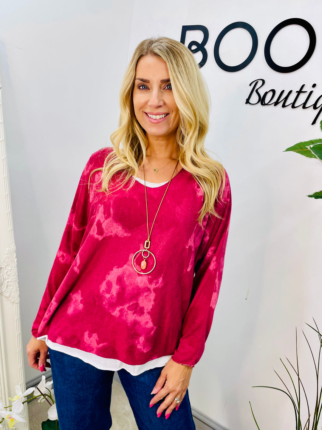 LADIES TIE DYE DOUBLE LAYER TOP - NAVY, BURGUNDY & KHAKI