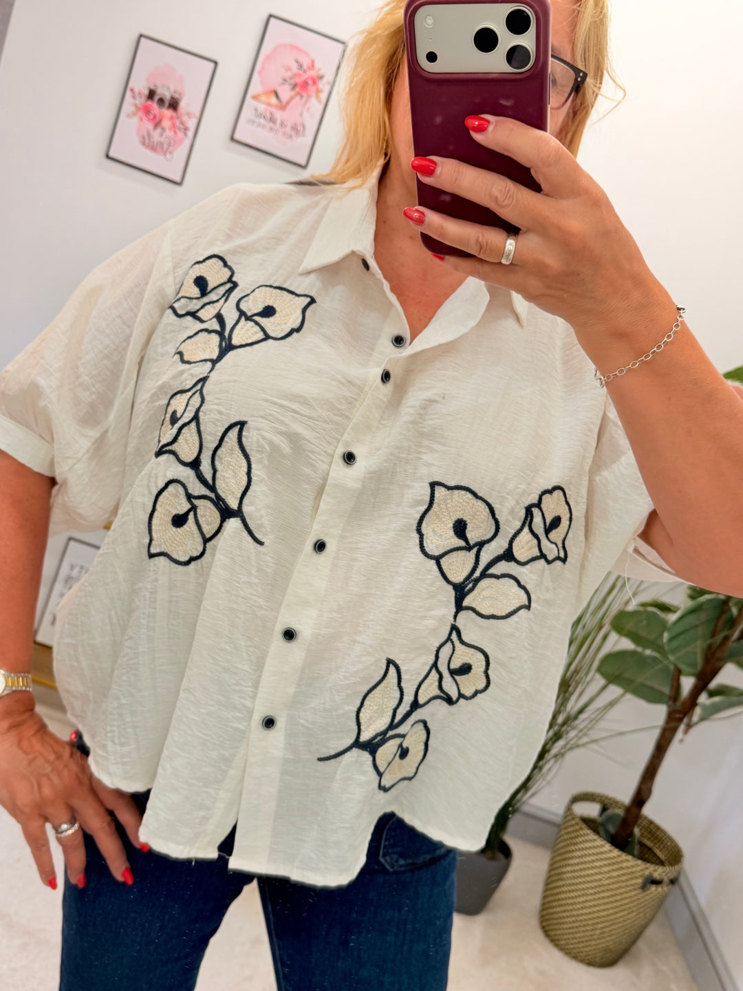 Ladies Cream & Navy Loose Fit Shirt Blouse