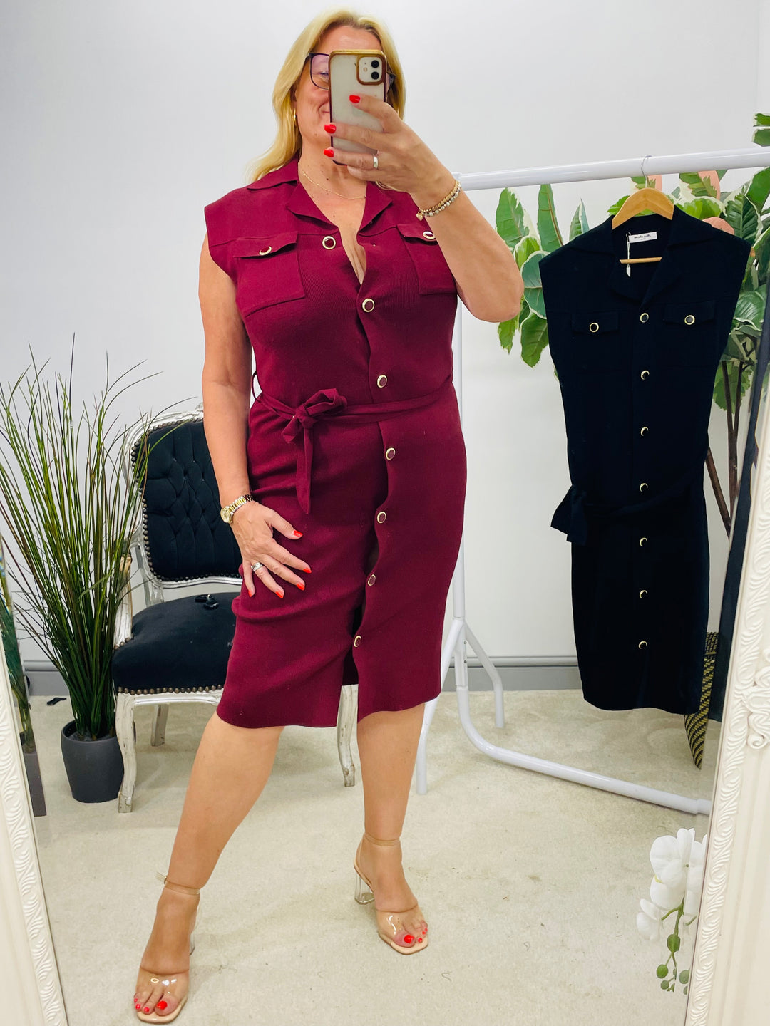 LADIES KNITTED FASHION JUMPER DRESS - BLACK & BURGUNDY WINE