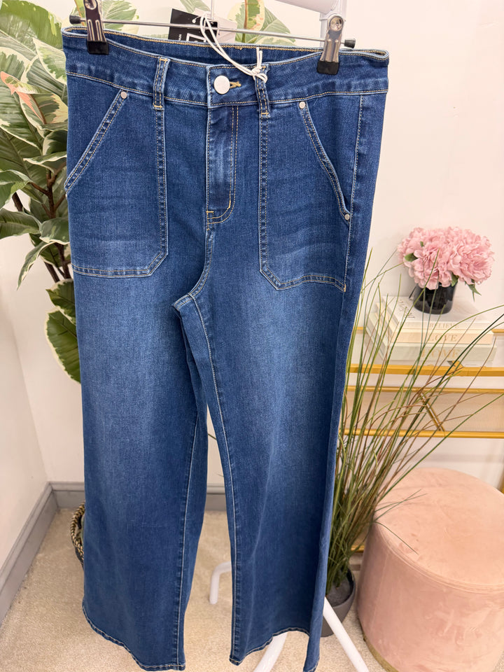The JUNE denim blue wide leg jeans