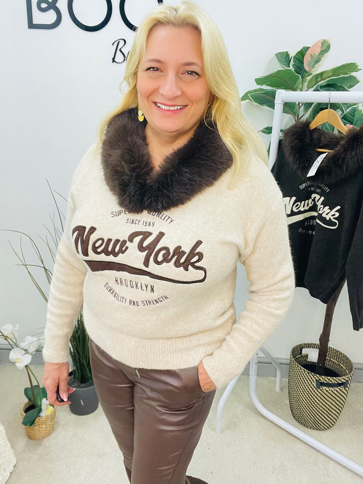 LADIES KNITTED FAUX FUR COLLAR JUMPER - BEIGE & CHOCOLATE BROWN