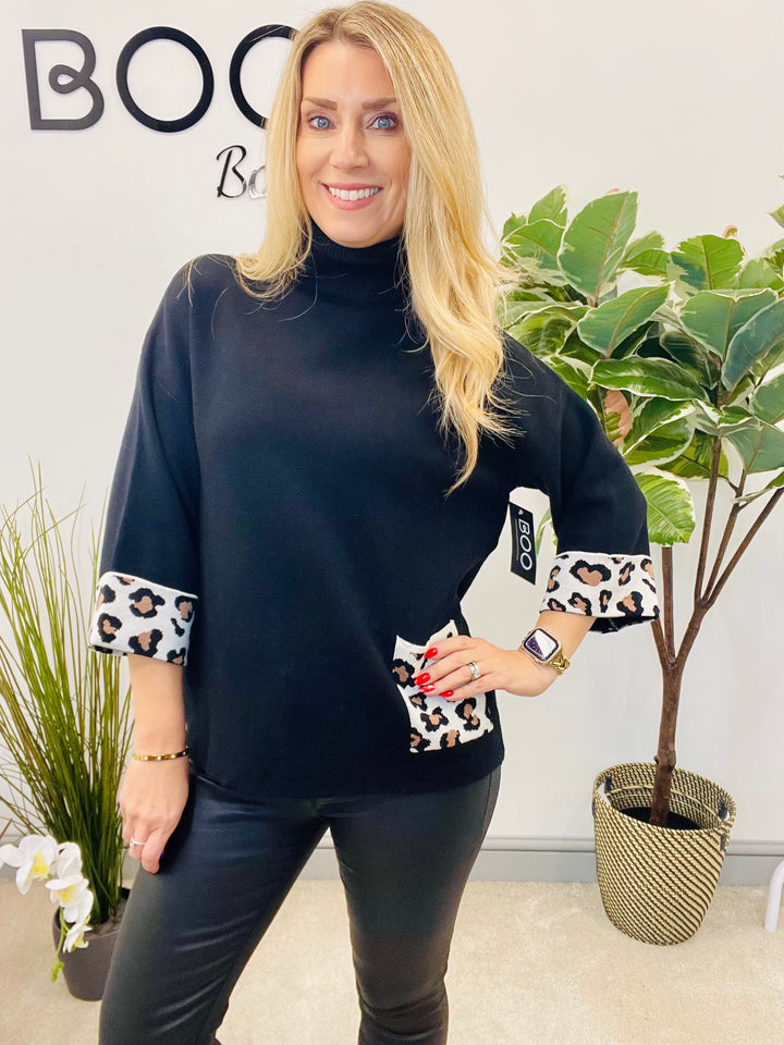 LADIES SOFT KNIT JUMPER WITH LEOPARD PRINT - BLACK & CREAM