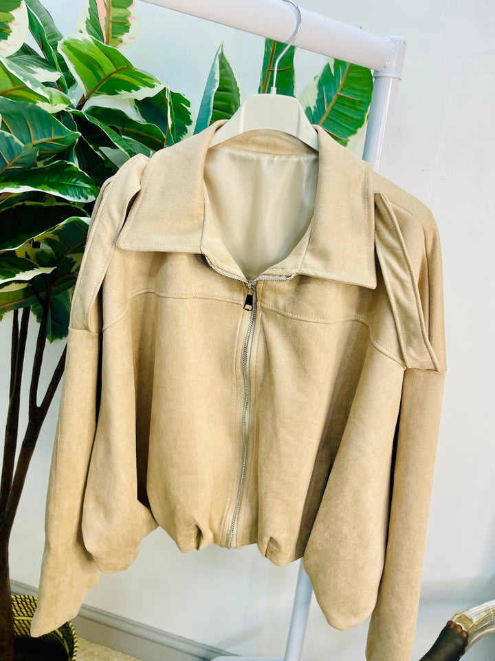 LADIES FASHION FAUX SUEDE BOMBER JACKET - BLACK, BEIGE, BROWN & BURGUNDY WINE
