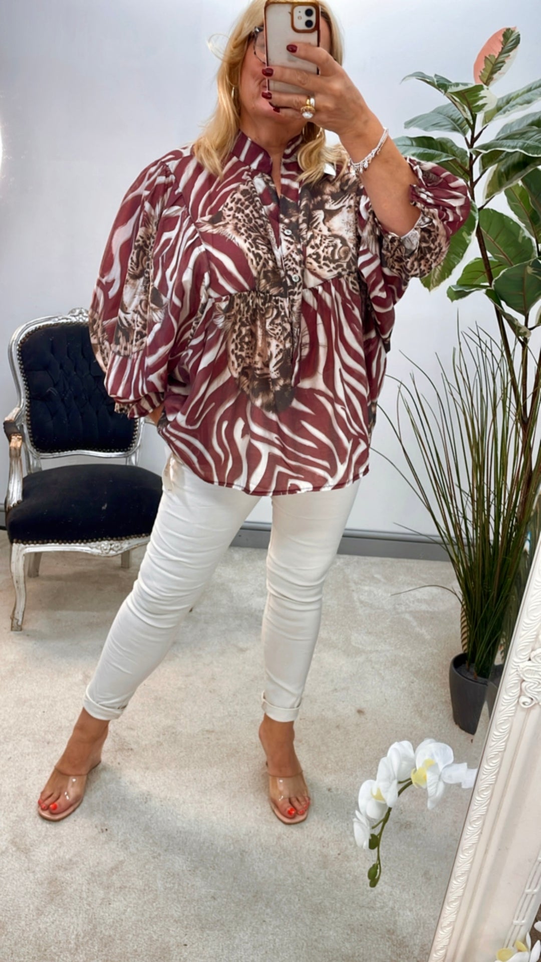 LADIES ZEBRA & LEOPARD PRINT LOOSE FIT BLOUSE TOP - BURGUNDY, BLACK & BEIGE