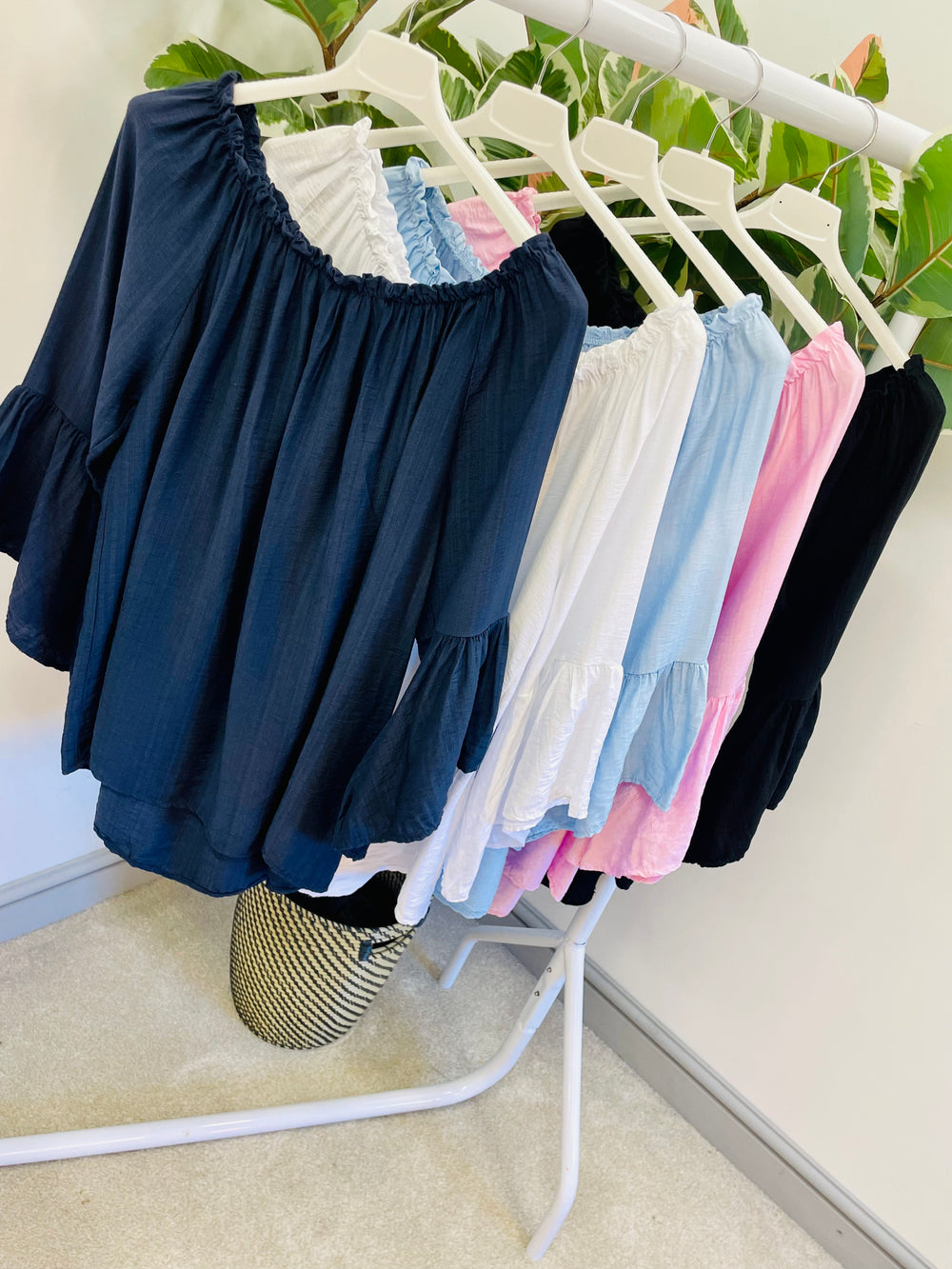 LADIES WOMENS BARDOT TOP BLOUSE - BLACK, NAVY, WHITE, PINK & BLUE