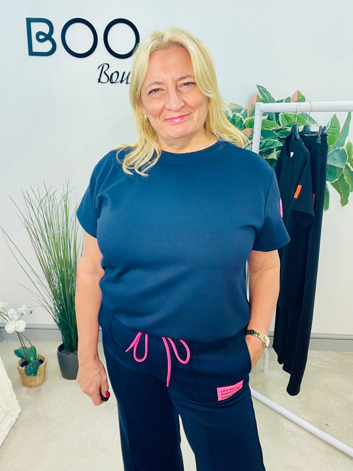 LADIES STRAIGHT LEG TROUSER TRAVELLING CO ORD SET - BLACK AND NAVY