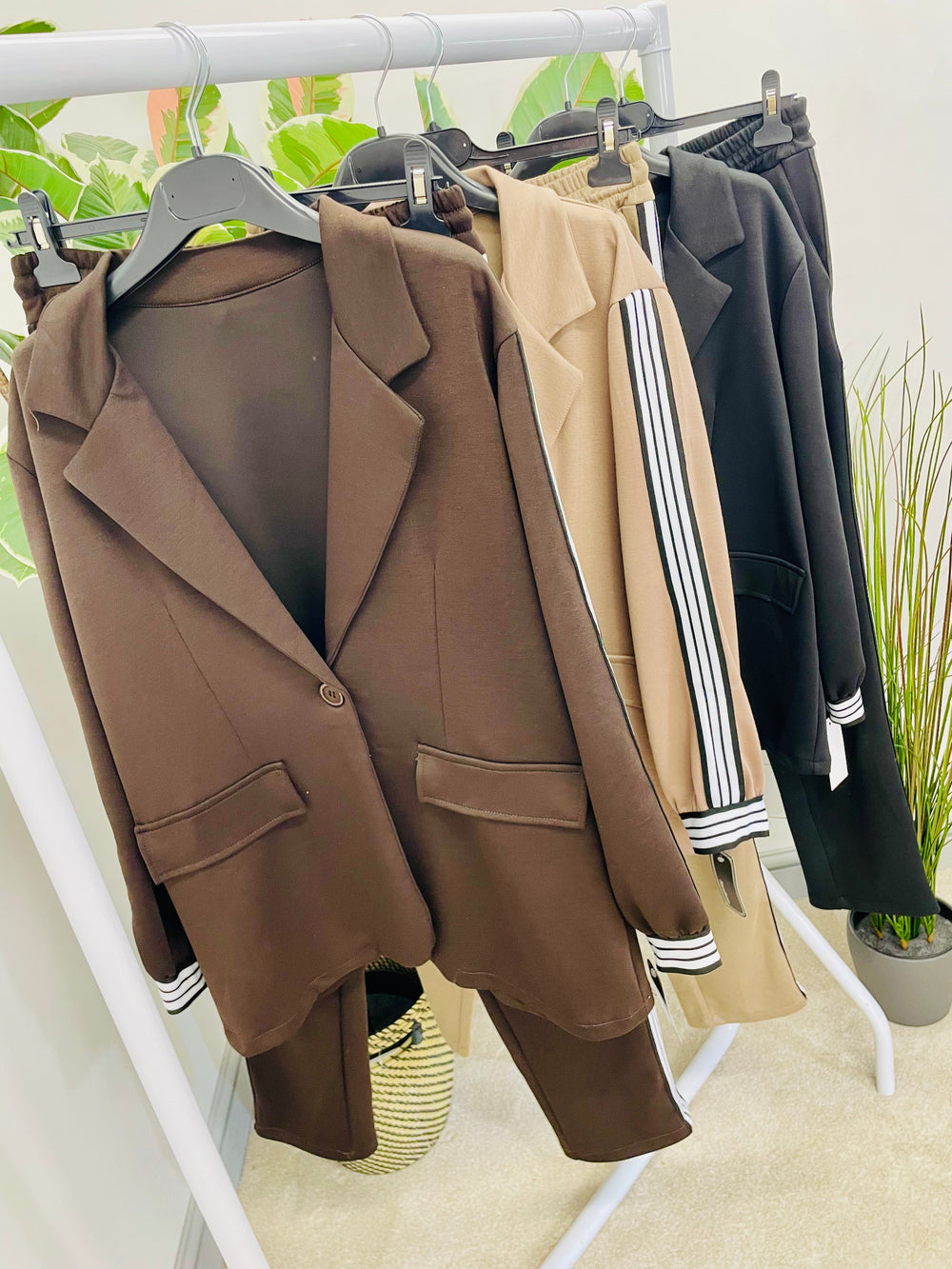 LADIES SPORTS LUXE STRAIGHT LEG TROUSER CO ORD SET - BLACK, BEIGE & BROWN