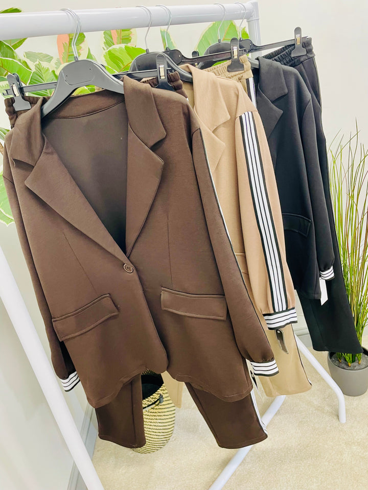 LADIES SPORTS LUXE STRAIGHT LEG TROUSER CO ORD SET - BLACK, BEIGE & BROWN