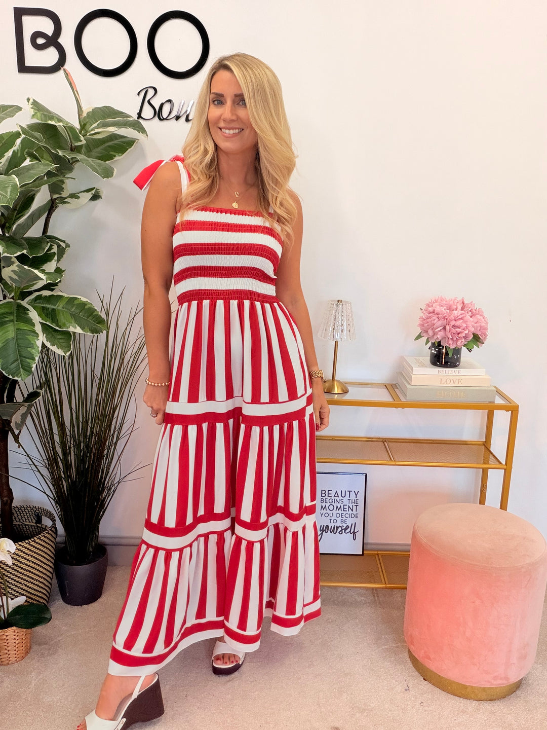 Ladies Candy Stripe Summer Sun Maxi Dress - Royal Blue, Navy & Red