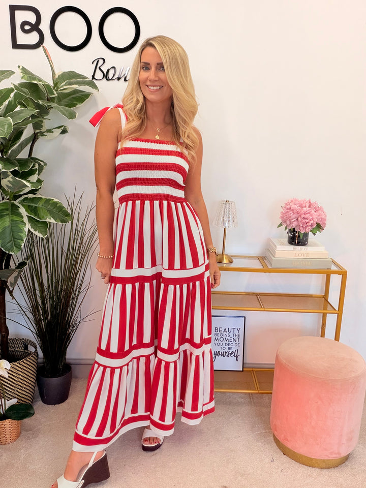 Ladies Candy Stripe Summer Sun Maxi Dress - Royal Blue, Navy & Red