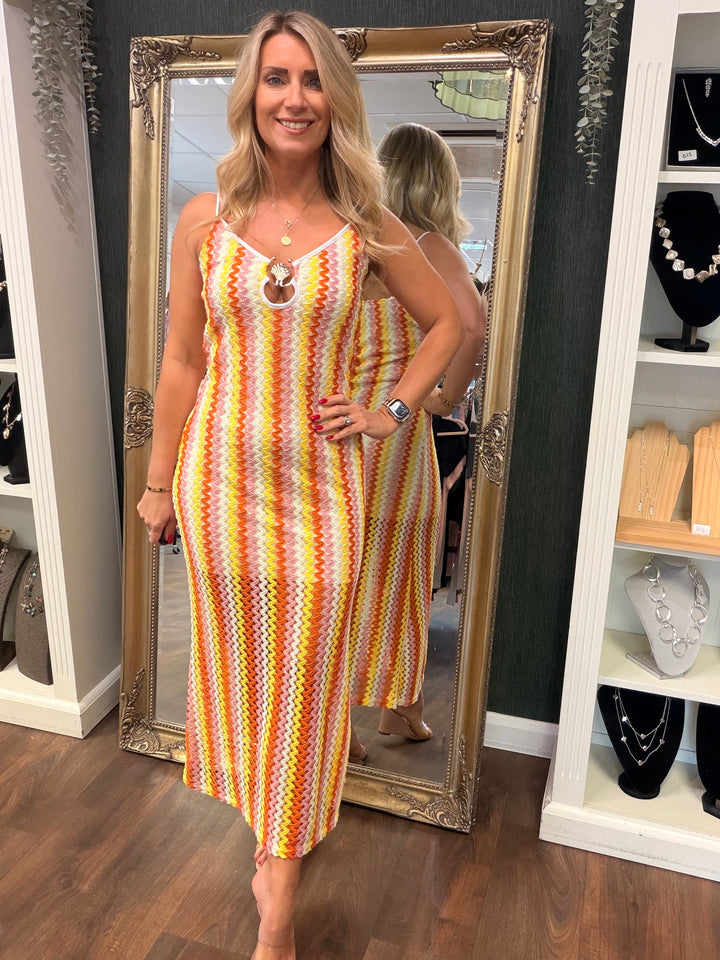 Ladies Fashion Crochet Summer Maxi Dress - Red, Yellow, Orange & Green