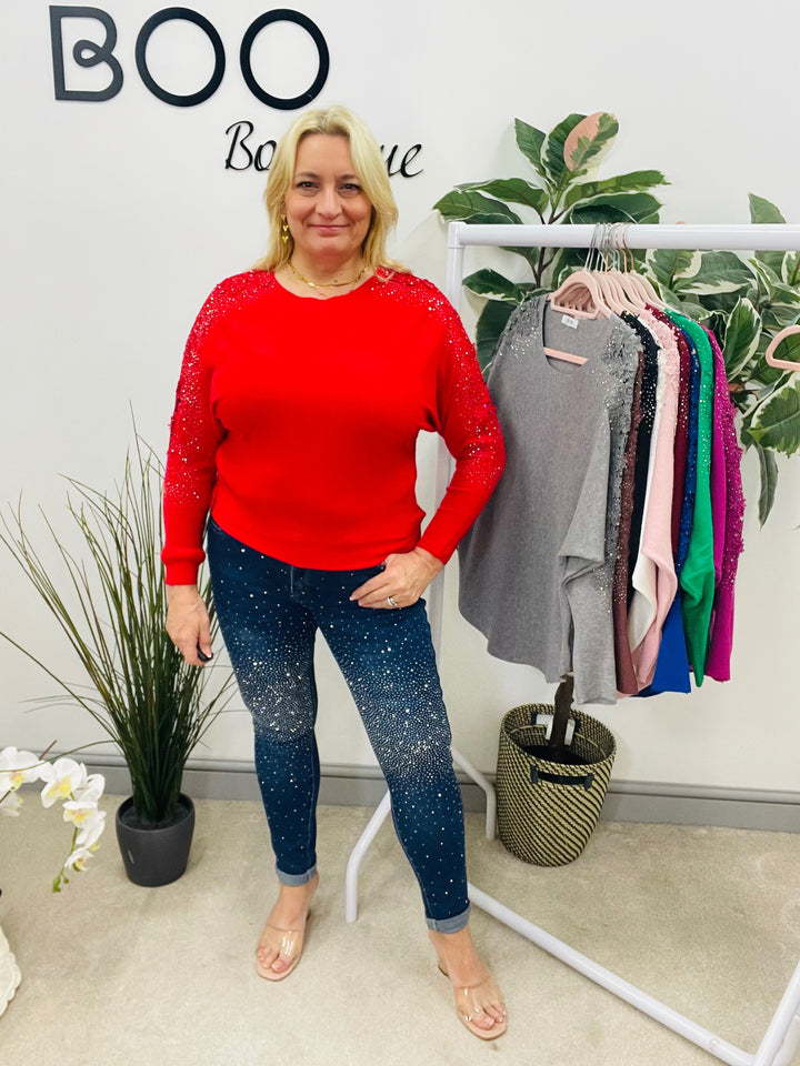 LADIES DIAMANTE SLEEVE BATWING JUMPER RED