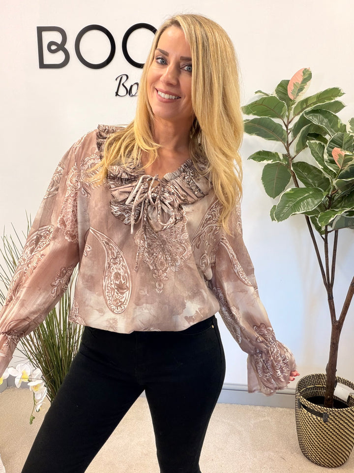 LADIES COTTON PAISLEY PRINT FLOATY BLOUSE - PINK, BEIGE, BLUE, BLACK, MOCHA