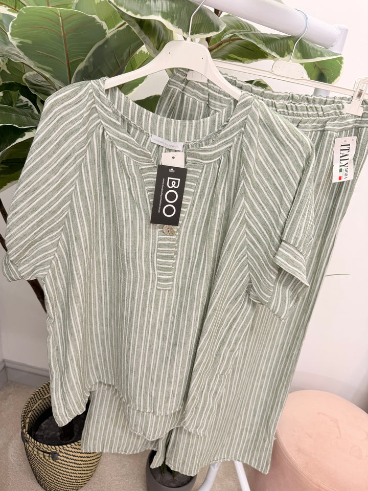 Ladies Fashion Stripe Wide Leg Trouser Co Ord Set - Khaki, Blue, White & Beige