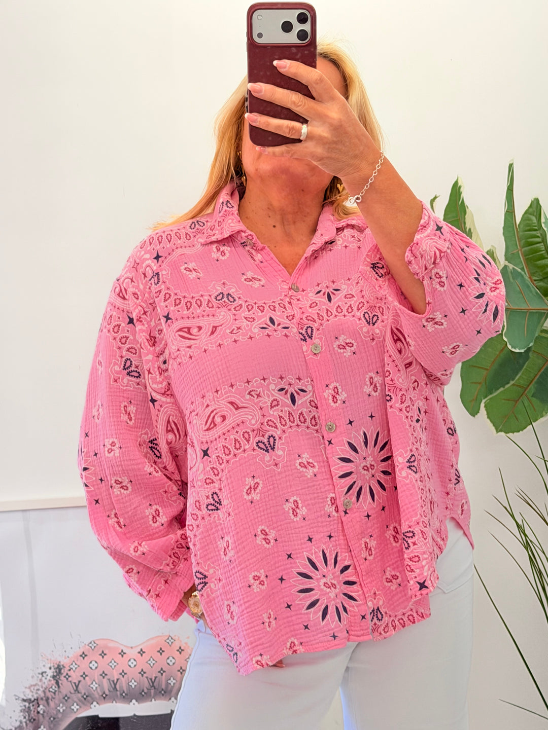 Ladies Cheesecloth Oversize Shirt - Pink, White, Blue