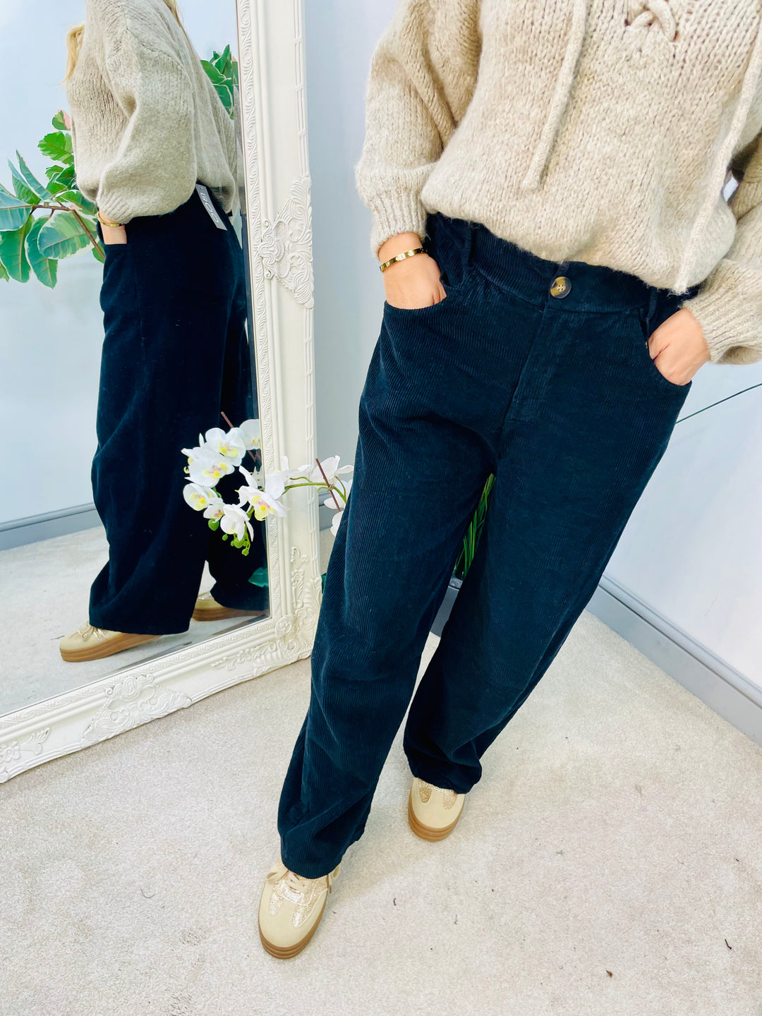 LADIES BLACK BAGGY CORDUROY FASHION TROUSERS
