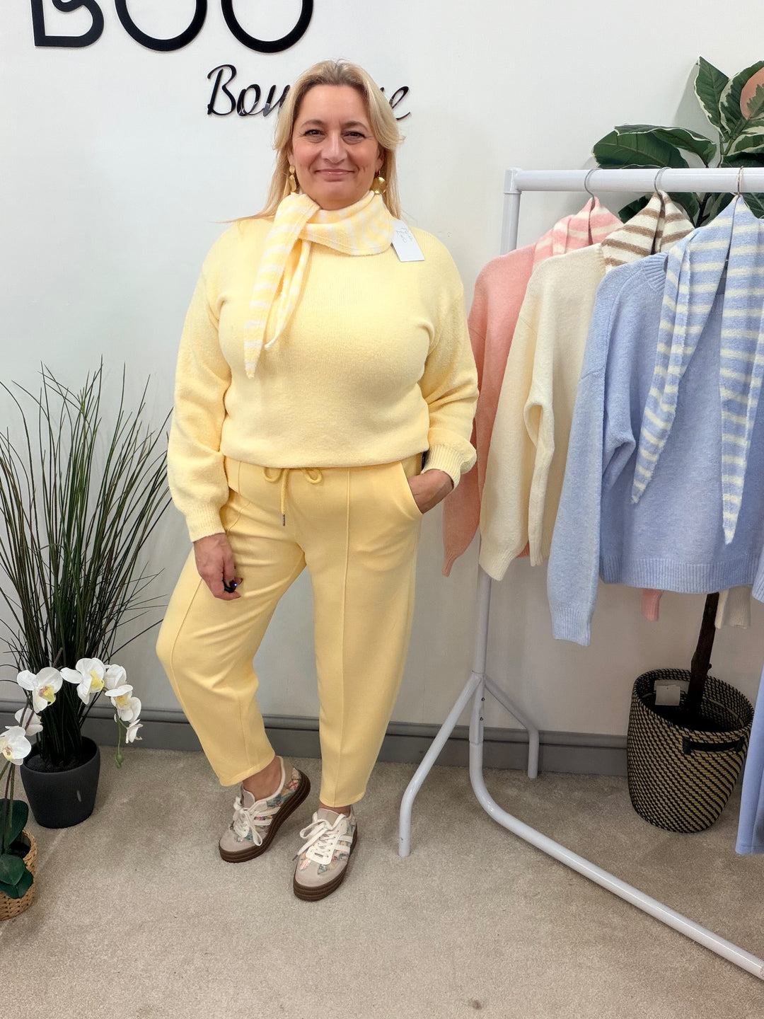 LADIES FASHION SOFT KNIT JUMPER & SCARF SET - LEMON, BLUE, PINK, CREAM