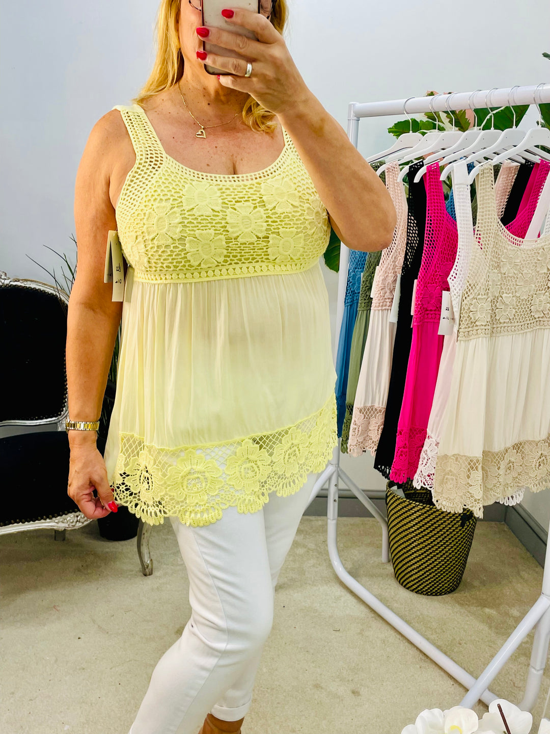 LADIES CROCHET & LACE SUMMER CAMI TOP - WHITE, LEMON, BLUE, PINK, KHAKI, BLACK