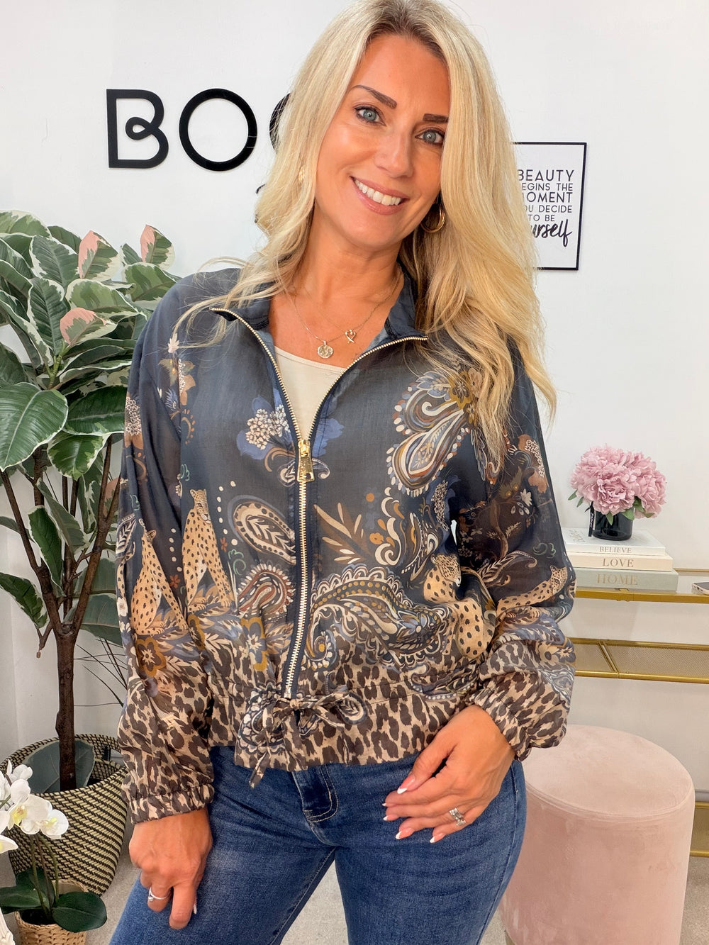 Ladies Animal Print Sheer Bomber Jacket - Khaki, Navy & Beige