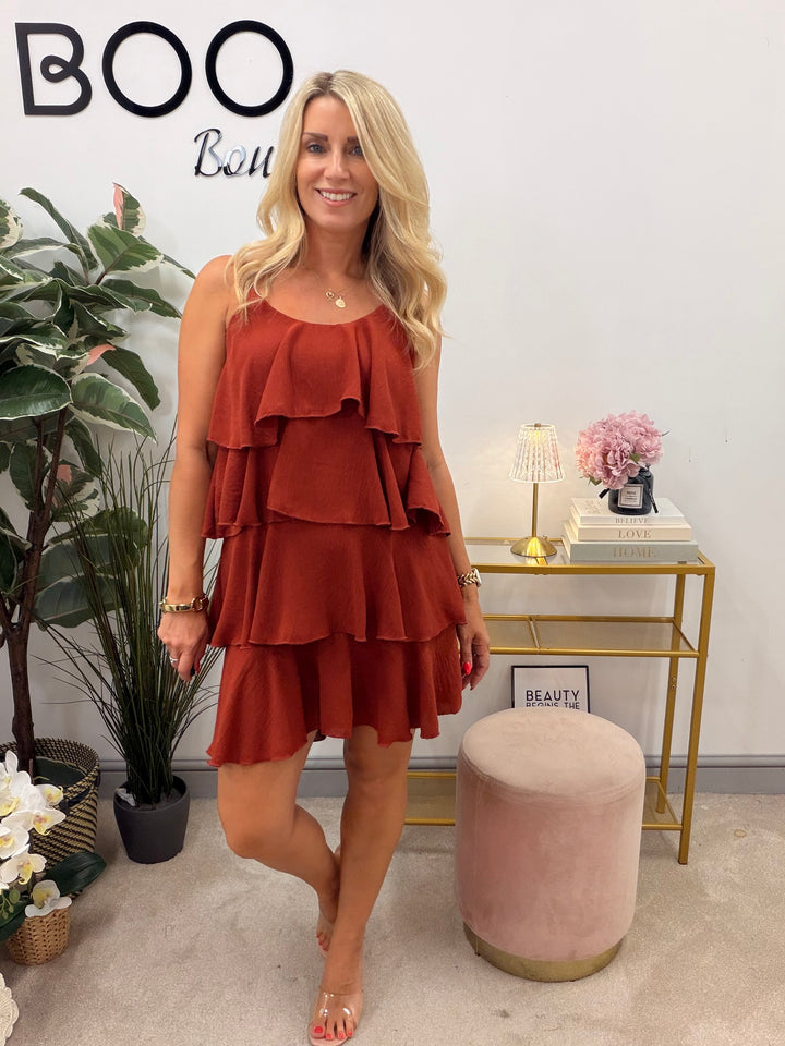 Ladies Frill Layered Summer Dress - Red, Brown, Black, Rust, Green & White
