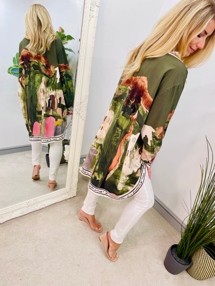 LADIES SATIN OVERSIZE AMALFI PRINT SHIRT - KHAKI & CREAM