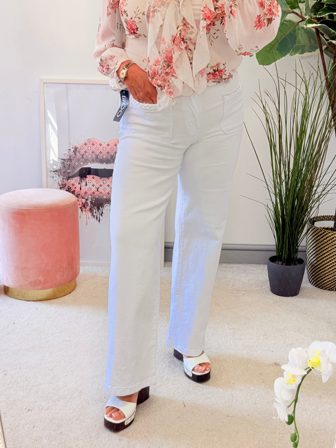 Ladies Fashion White Wide Leg Jeans