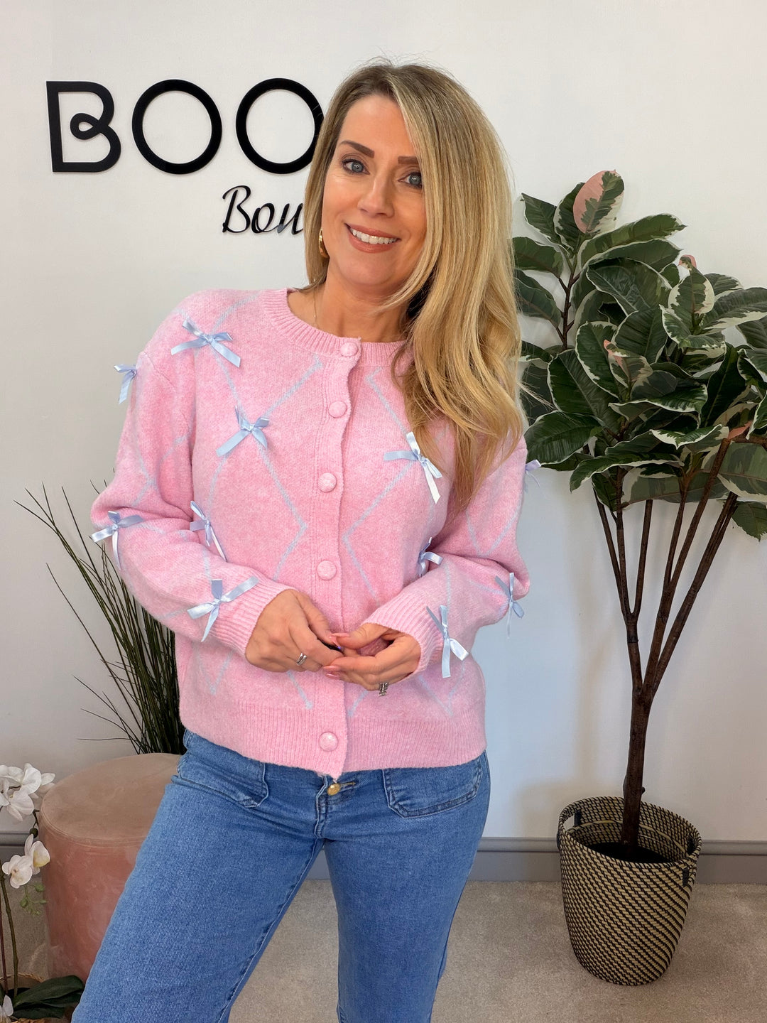 Ladies Fashion Soft Knit Satin Bow Cardigan - blue & pink