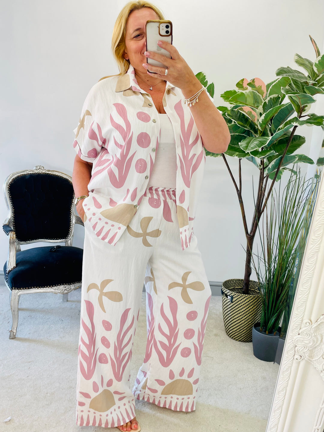 LADIES WOMENS PINK LINEN FEEL WIDE LEG TROUSER KIMONO CO ORD LOUNGESET SET 