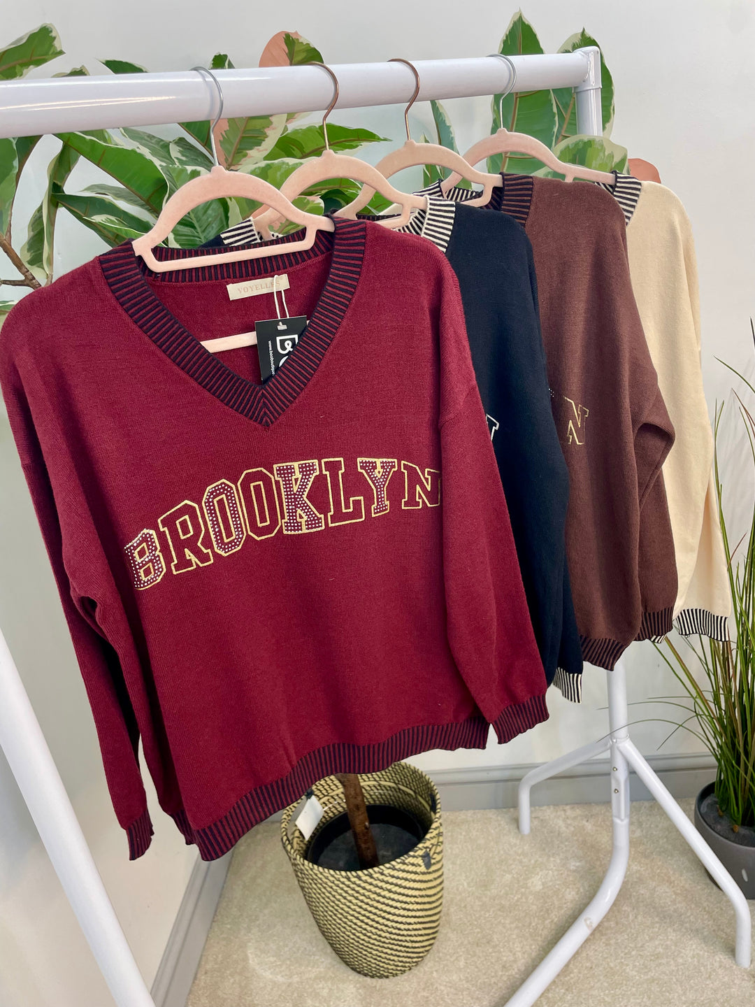 LADIES DIAMANTE SOFT KNIT JUMPER - BURGUNDY, BROWN, BLACK & BEIGE