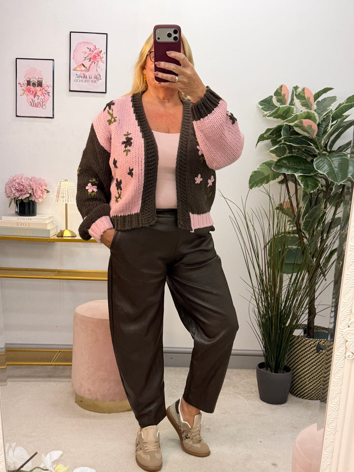 Ladies Fashion Pink & Brown Chunky Knit Cardigan