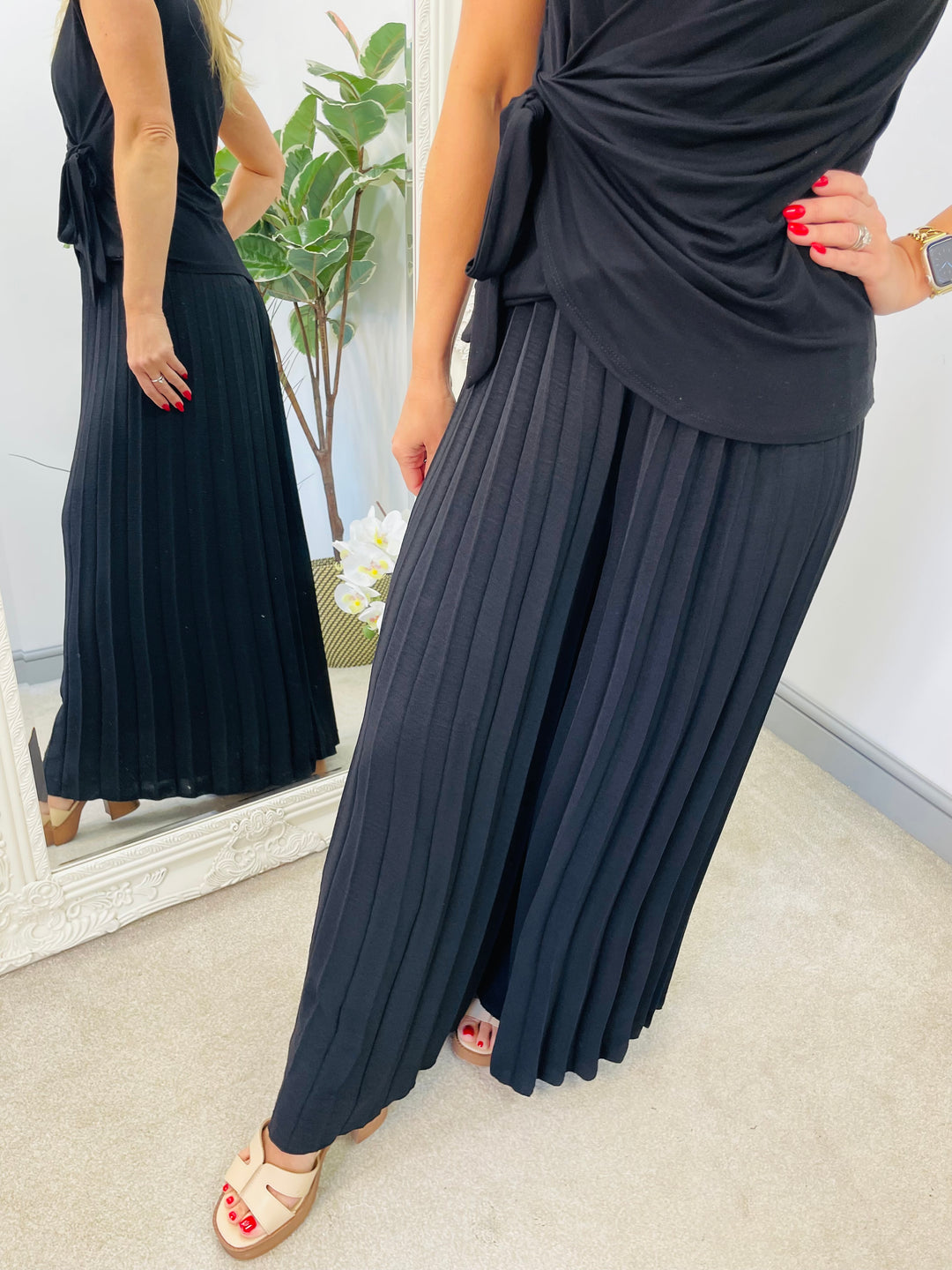 LADIES WOMENS PLEATED WIDE LEG PALAZZO CULOTTE TROUSERS - ROYAL BLUE, NAVY, BLACK, CAMEL, GREEN