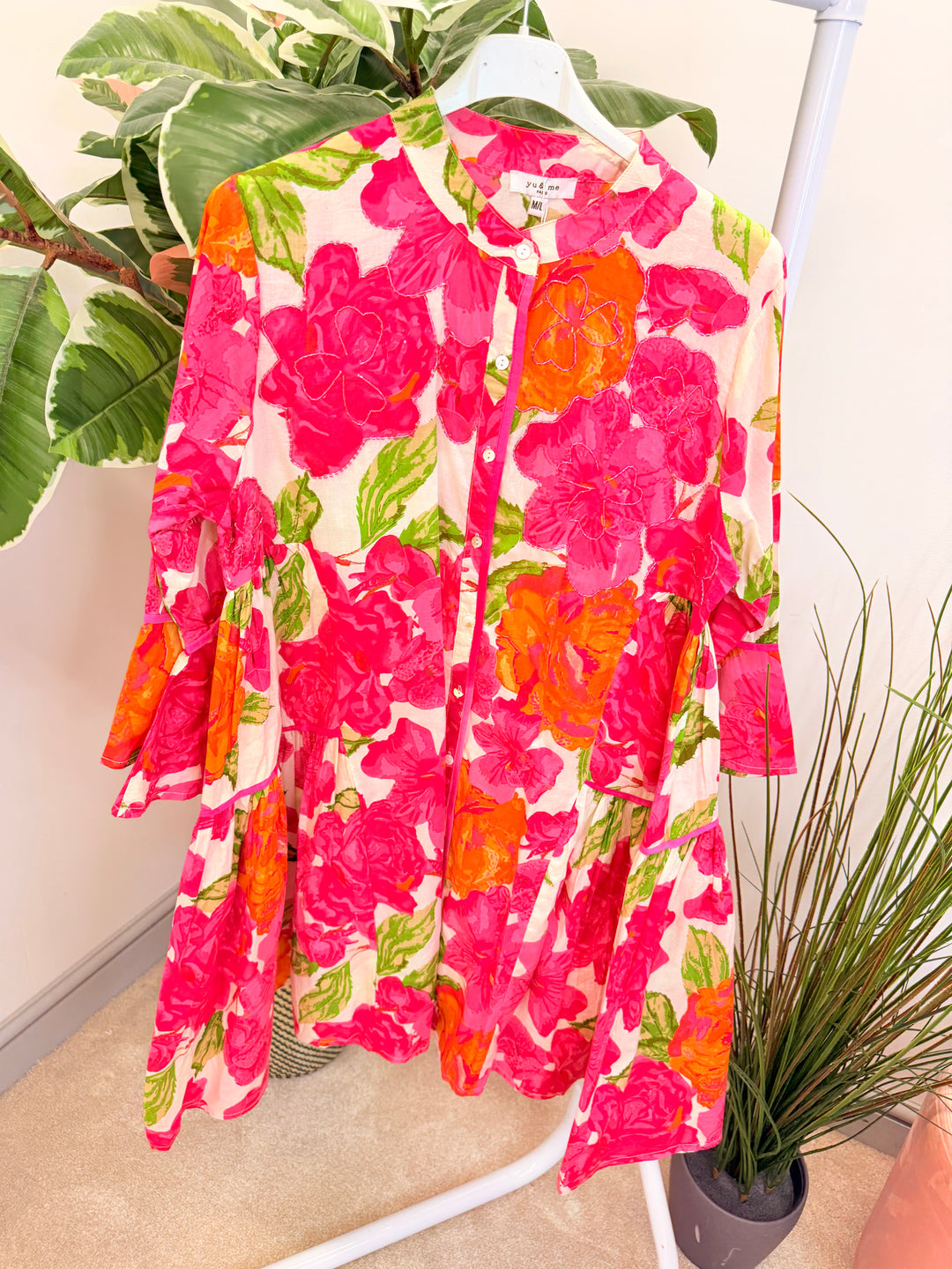 Ladies Pink Flower Print Swing Smock Summer Mini Dress