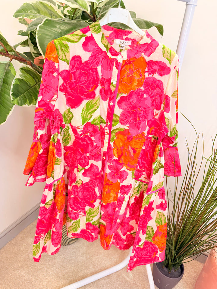 Ladies Pink Flower Print Swing Smock Summer Mini Dress