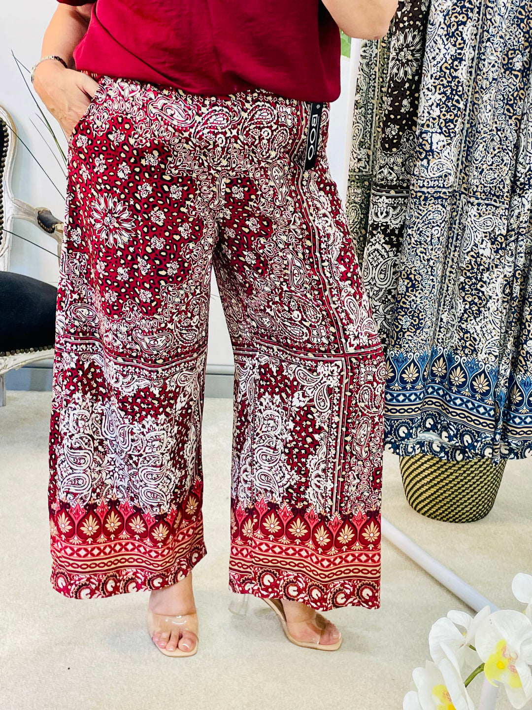 LADIES PAISLEY PRINT WIDE LEG PALAZZO TROUSERS - BURGUNDY, NAVY, KHAKI & BROWN