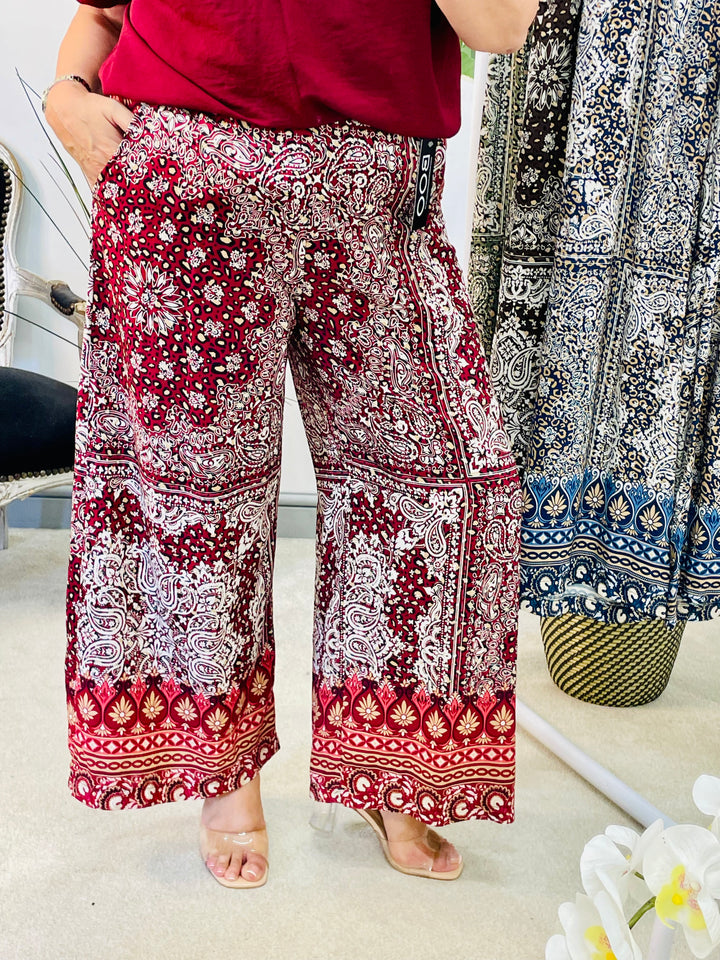 LADIES PAISLEY PRINT WIDE LEG PALAZZO TROUSERS - BURGUNDY, NAVY, KHAKI & BROWN