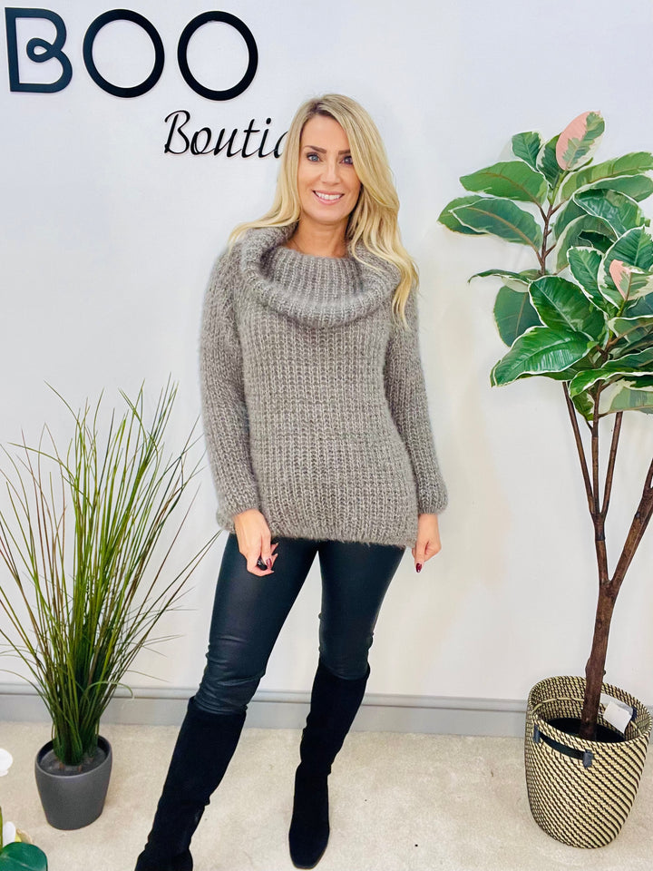 LADIES FLUFFY BARDOT JUMPER - NAVY, BLACK, WINE, MOCHA, BROWN, CREAM