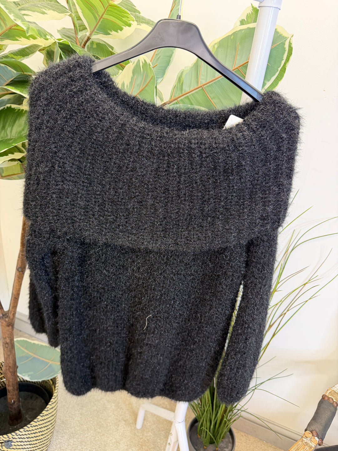 LADIES FLUFFY KNIT BARDOT JUMPER - MINT, BLACK, CREAM, PINK, LEMON & MOCHA